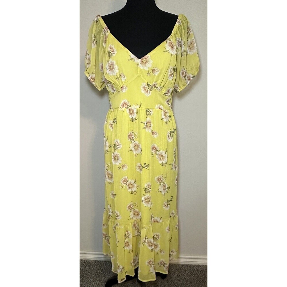 Yellow Floral Short Sleeve Flowy‎ Lightweight Midi Dress Women's LARGE NWT